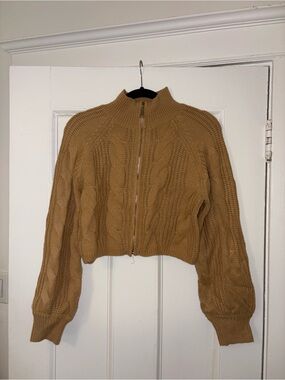 Cider Cropped Cable-Knit Zip Turtleneck Sweater - Camel